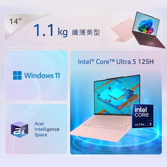 【Acer 宏碁】65W快充組★14吋極輕薄OLED AI筆電(Swift Air/SFA14-71M-5001/Ultra5-125H/16G/512G/W11)