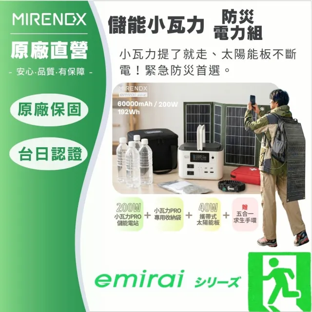 【MIRENEX】防災電力組｜200W儲能小瓦力PRO+40W高機動太陽能板+小瓦力專屬收納袋｜再贈五合一求生手環