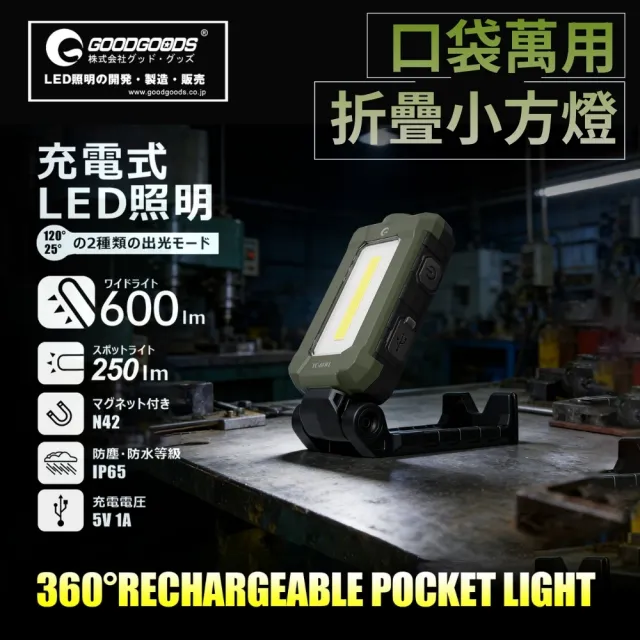 【GOODGOODS】日本 GOODGOODS 萬用口袋折疊LED小方燈｜輕量設計｜折疊磁吸手電筒｜Type-C充電