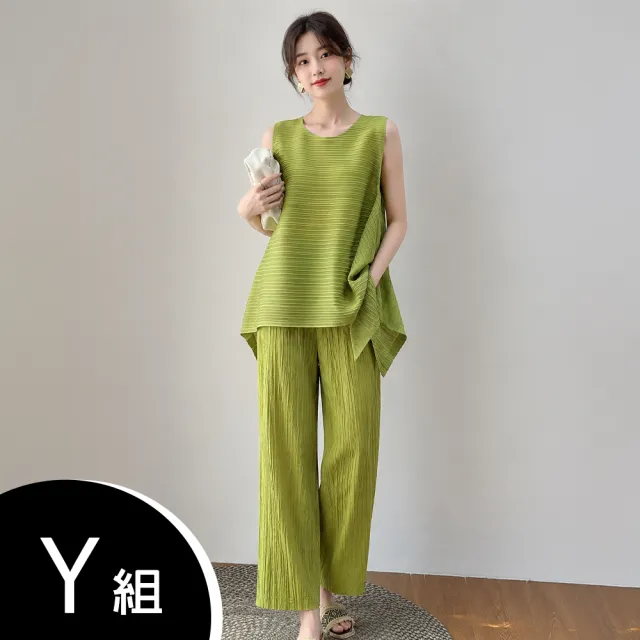 【K.W.】MOMO限定韓國秋新品三宅風壓褶褶皺套裝2件組(設計師/中大尺碼/修身/輕薄/小香風/多款可選)