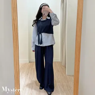 【my stere 我的時尚秘境】雙11 輕盈質感亞麻垂墜綁帶大寬褲 兩色 垂墜寬褲 遮跨寬褲 落地褲 休閑寬褲