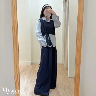 【my stere 我的時尚秘境】雙11 輕盈質感亞麻垂墜綁帶大寬褲 兩色 垂墜寬褲 遮跨寬褲 落地褲 休閑寬褲