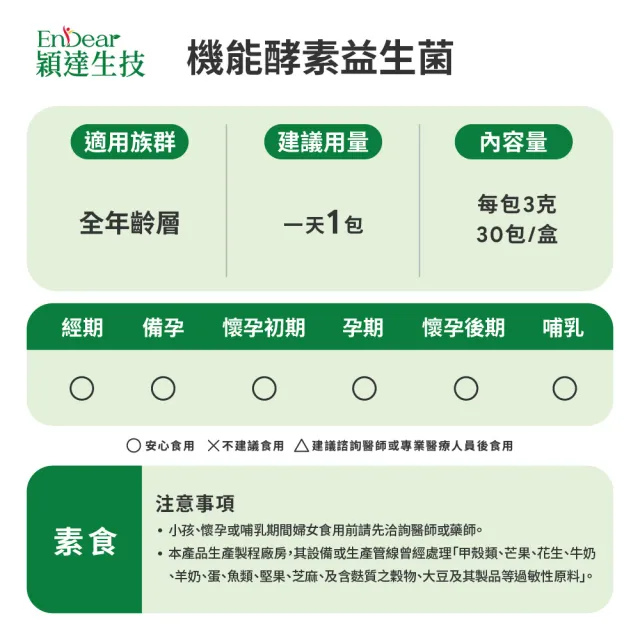 【Endear 穎達生技】600億機能酵素益生菌 1入組/30包(專業營養師推薦/開學必備)