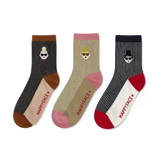 【HAPPYFACE】多款任選-3件組｜復古羅紋 百搭中筒襪 怪可愛刺繡(多款)