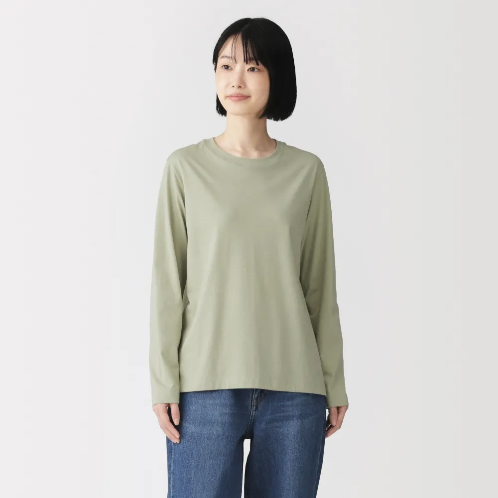 【MUJI 無印良品】女天竺圓領長袖T恤(白色/黑色/綠色/棕色/黑紋樣/磚紅紋樣/綠紋樣/灰棕紋樣)