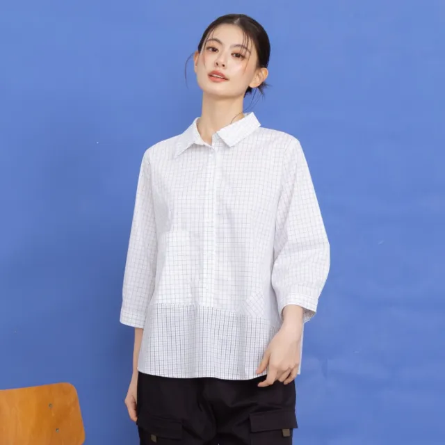 【MOSS CLUB】大小格剪接半開襟襯衫領上衣 黑 白