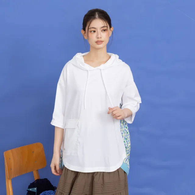 【MOSS CLUB】工裝連帽後拼接印花上衣 藍 白 卡