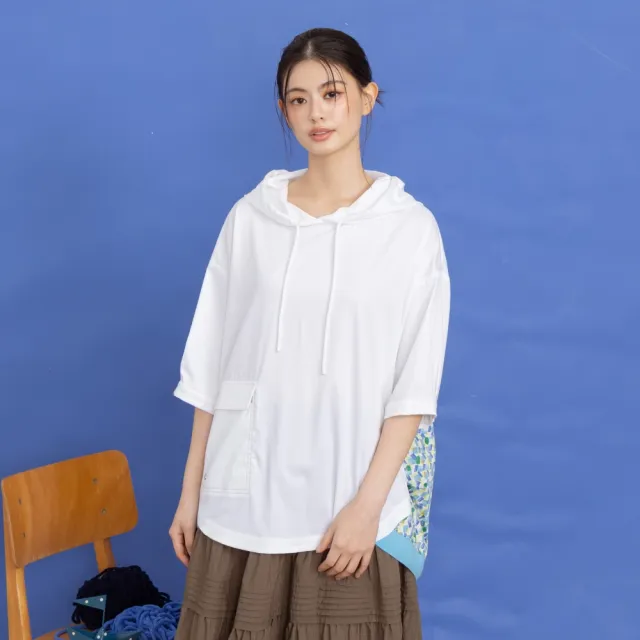 【MOSS CLUB】工裝連帽後拼接印花上衣 藍 白 卡