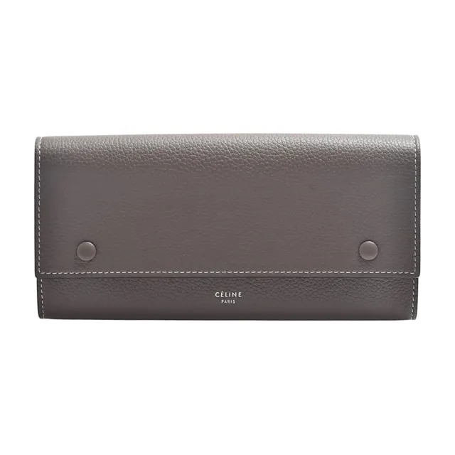 【CELINE】經典字母燙印荔枝紋牛皮雙釦翻蓋長夾(大象灰/黃色)