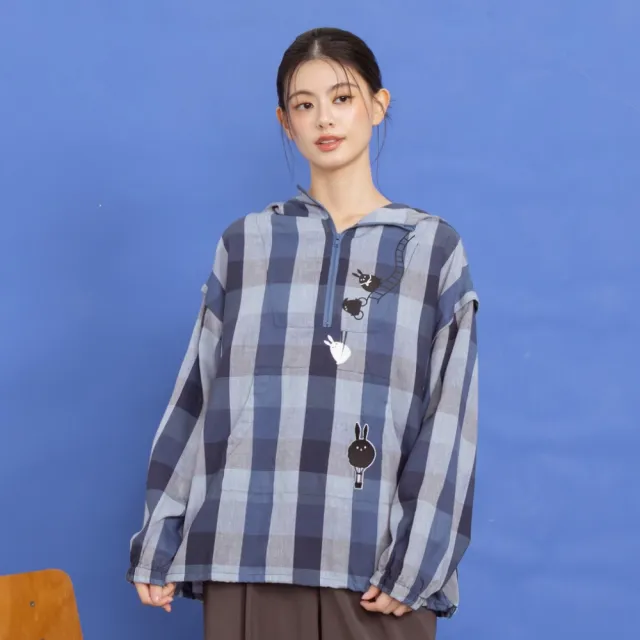 【MOSS CLUB】大方格MOSS兔樂園半開襟連帽上衣 藍 綠