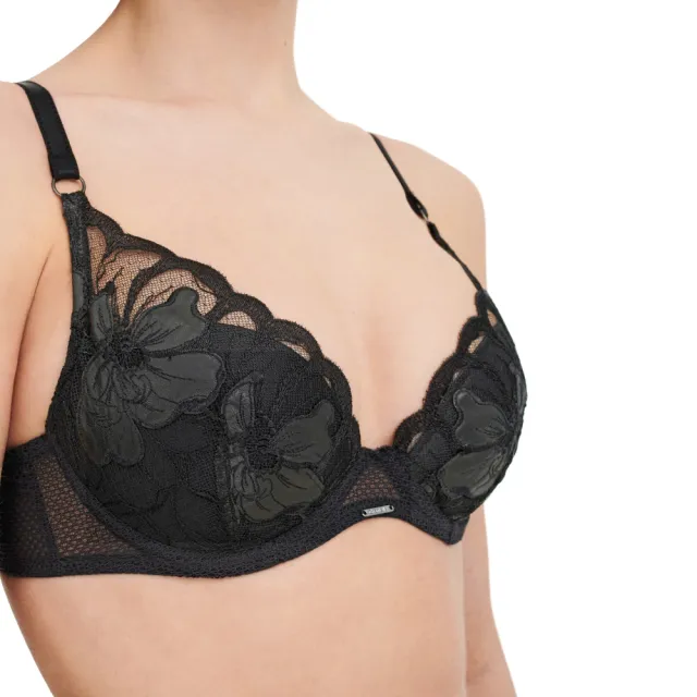 【Chantelle 仙黛爾】Fleurs Signature.深V低脊心 集中 女內衣 刺繡 黑特.12Q20_0P8(無厚襯 版型集中效果)