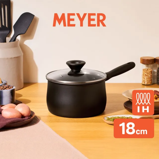 【MEYER 美亞】全黑陽極陶瓷 湯鍋18cm 含鍋蓋 不沾鍋 鎧甲系列(IH/電磁爐適用)