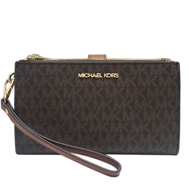 【Michael Kors】金字滿版拼接雙層手機長夾-可手掛(深咖)