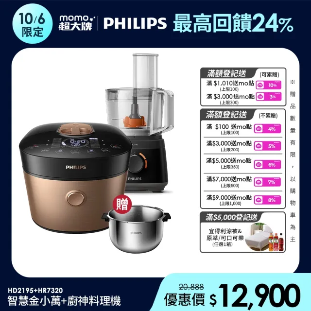 【Philips 飛利浦】智慧萬用鍋-金小萬+廚神料理機_HD2195+HR7320