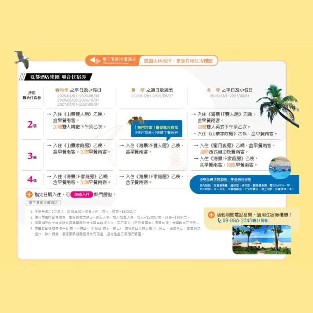 【夏都酒店集團】2張套組★聯合住宿券(墾丁夏都/台南城旅/宅夏都)