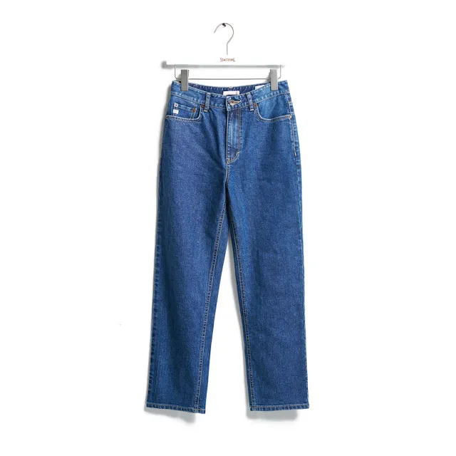 【SOMETHING】女裝 提臀九分高腰丹寧直筒蜜桃褲(中古藍)