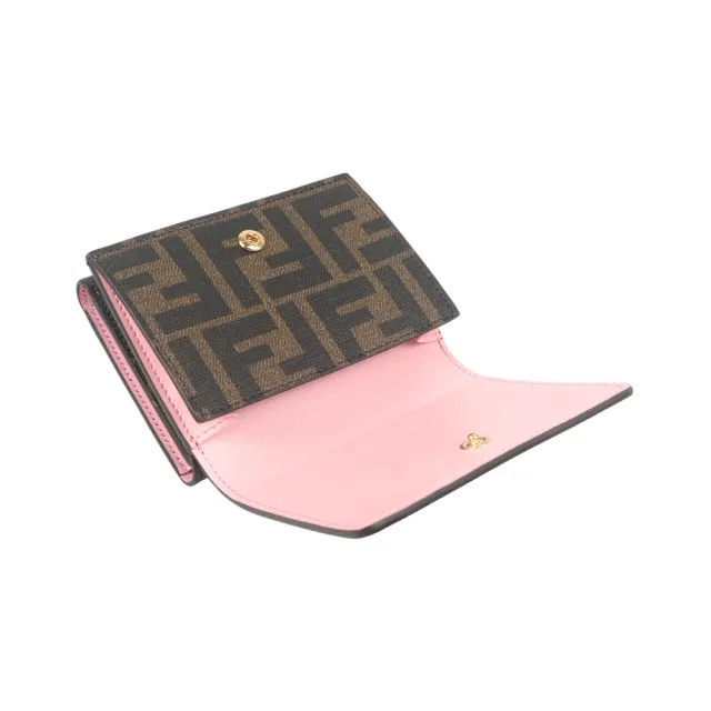 【FENDI 芬迪】FF Logo Monster 怪獸眼睛釦式三折短夾(棕色/粉色)