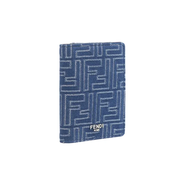 【FENDI 芬迪】FF Logo 棉質牛仔布及皮革二折卡片夾/名片夾(單寧藍)