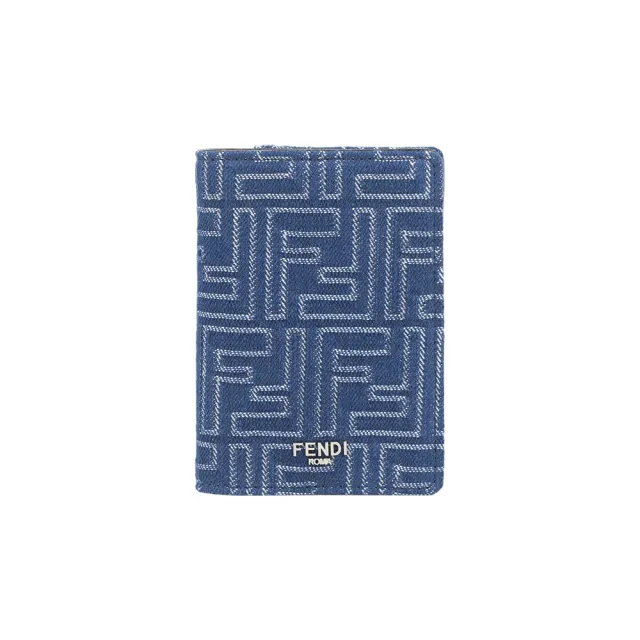 【FENDI 芬迪】FF Logo 棉質牛仔布及皮革二折卡片夾/名片夾(單寧藍)