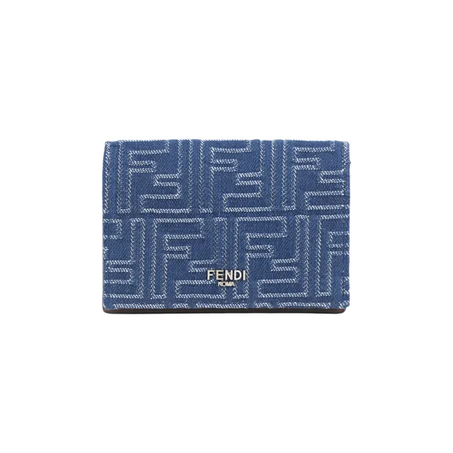 【FENDI 芬迪】FF Logo 棉質牛仔布及皮革對開厚款卡片夾/名片夾(單寧藍)