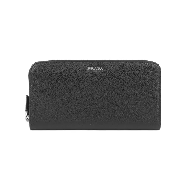 【PRADA 普拉達】銀字Logo 粒紋皮革ㄇ型內拼色拉鍊長夾(黑色/水銀灰)