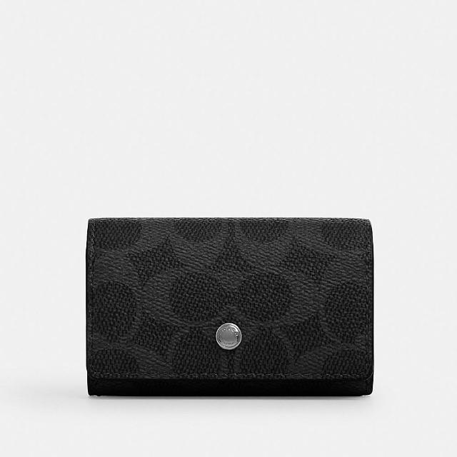 【COACH】蔻馳官方直營 經典 SIGNATURE 五環鑰匙包-SV/黑色 Signature(CAR00)