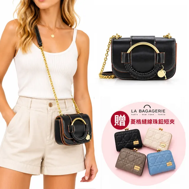 【See by Chloe’】Hana縫線壓紋山羊皮鏈帶相機/斜背包(黑色)