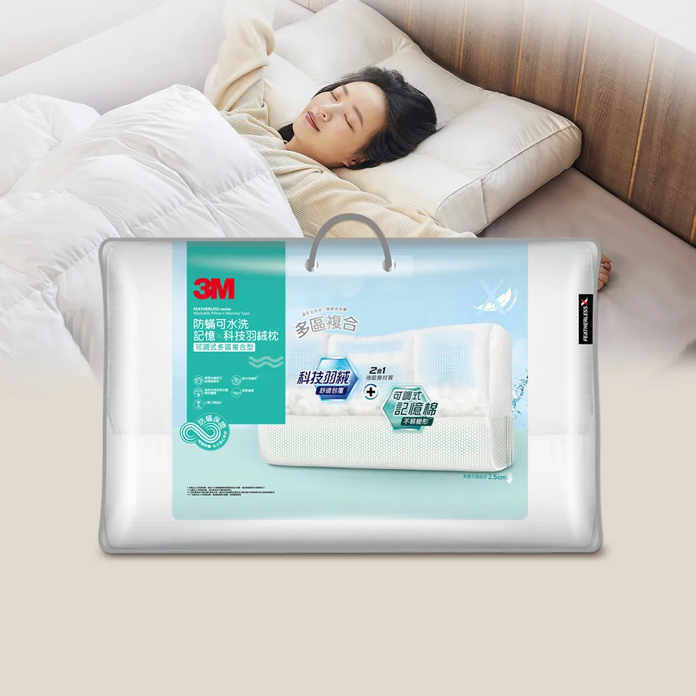 【3M】防蹣可水洗記憶x科技羽絨枕-可調式多區複合型(多向好睡枕)