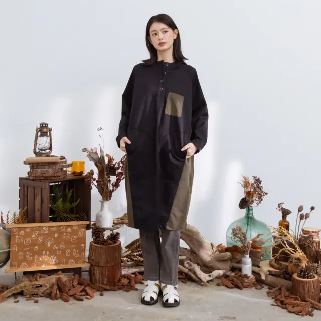 【MOSS CLUB】連帽半開襟開釦兔朋友織標長袖洋裝 黑 綠