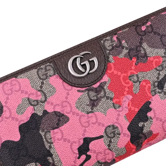 【GUCCI 古馳】GG Supreme 經典雙C迷彩印花發財零錢長夾(駝)
