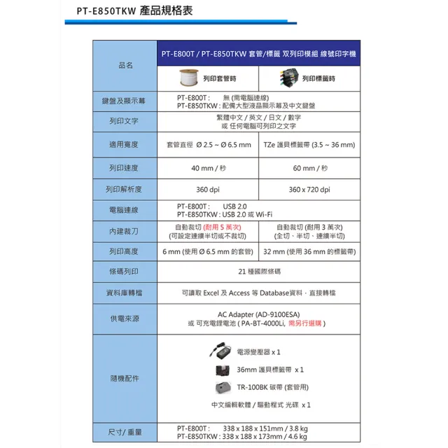 【brother】官方直營 PT-E850TKW 雙列印模組 單機/電腦兩用線號印字機(網路配線/工業用/AI/大印量客製化)