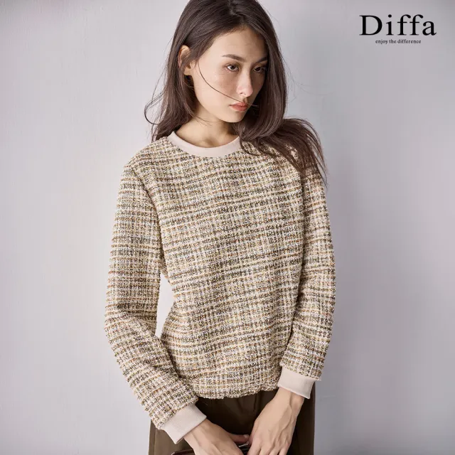 【Diffa】卡其花紗小香風抽繩上衣-女