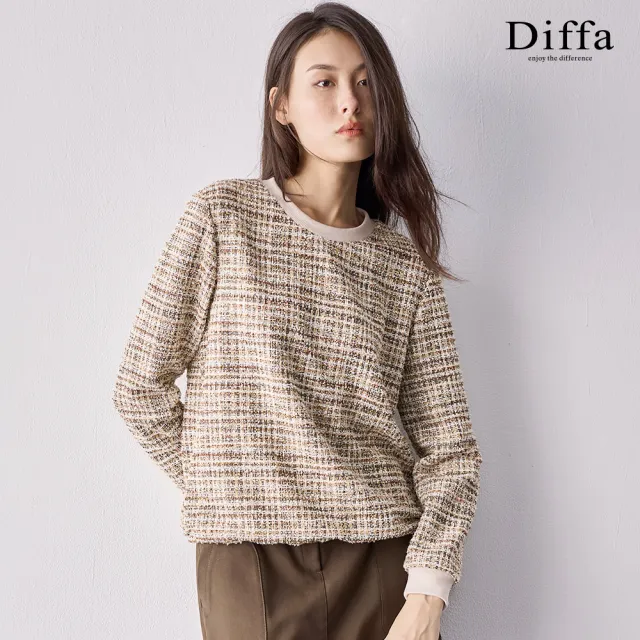 【Diffa】卡其花紗小香風抽繩上衣-女