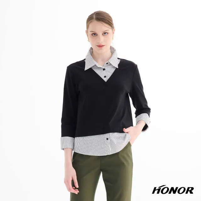 【HONOR 山形屋】直條紋襯衫拼接假兩件上衣-黑