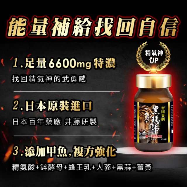 【KENICHI 健一】八次郎 日本原裝黑瑪卡6600mg＋精胺酸＋鋅酵母＋人蔘＋蜂王乳-3入/共360粒(活力補給)