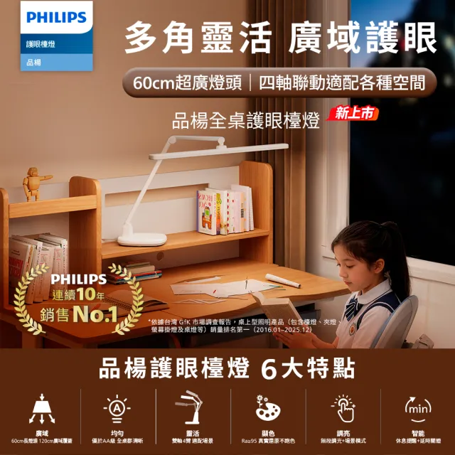 【PHILIPS 飛利浦照明】Philips 飛利浦 A0SE 品楊 60cm長燈頭 護眼檯燈(PD065