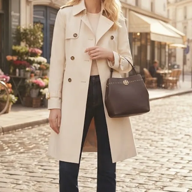 【TORY BURCH】鉚釘荔枝紋磁釦手提/斜背二用水桶包-咖啡色/小