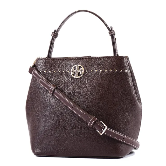 【TORY BURCH】鉚釘荔枝紋磁釦手提/斜背二用水桶包-咖啡色/小