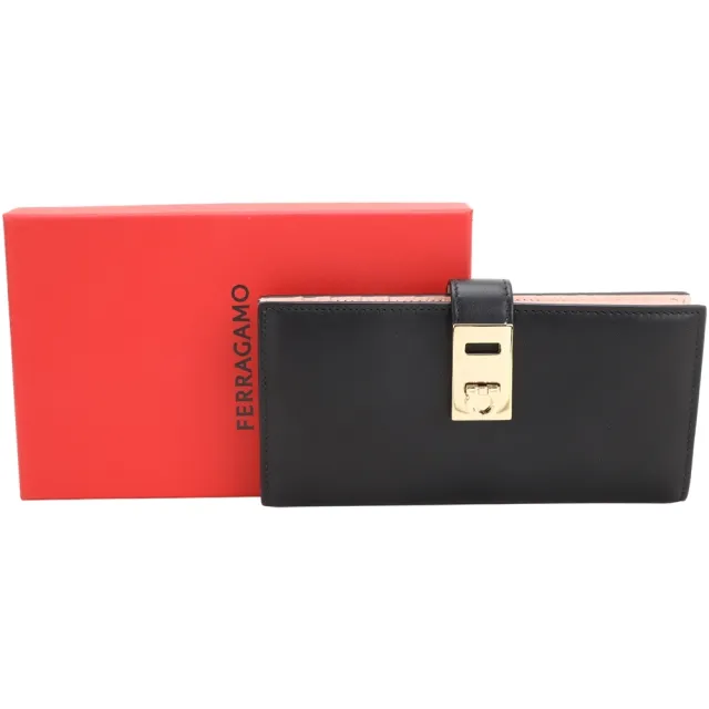 【Salvatore Ferragamo】Hug 馬蹄皮扣帶撞色內裡光滑小牛皮長夾(黑色 皮夾 錢包)