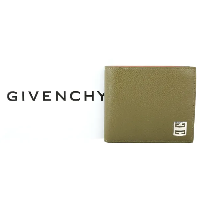 【GIVENCHY 紀梵希】4G 金屬標誌撞色內裡粒面小牛皮對折8卡短夾(褐綠色 皮夾 錢包)
