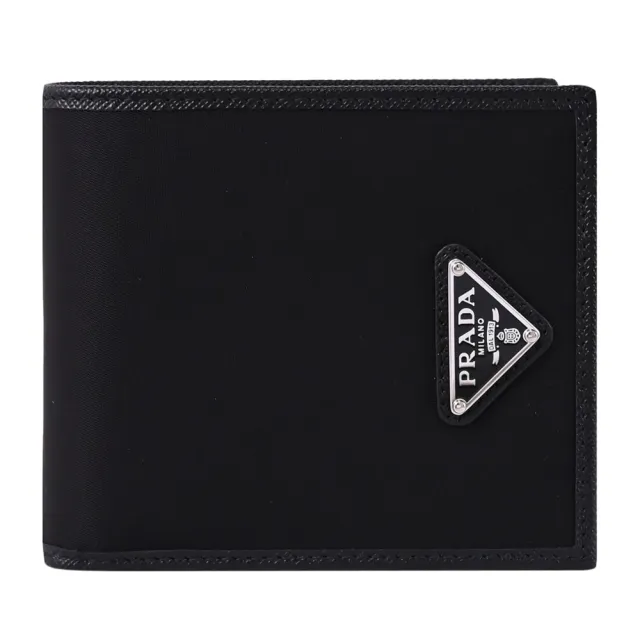 【PRADA 普拉達】經典三角LOGO尼龍對折4卡零錢短夾(黑)