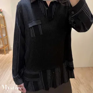 【my stere 我的時尚秘境】雙11 疊穿感☆黑條紋襯衫背心兩件套組 條紋襯衫 兩件式套裝 寬鬆襯衫 男友襯衫