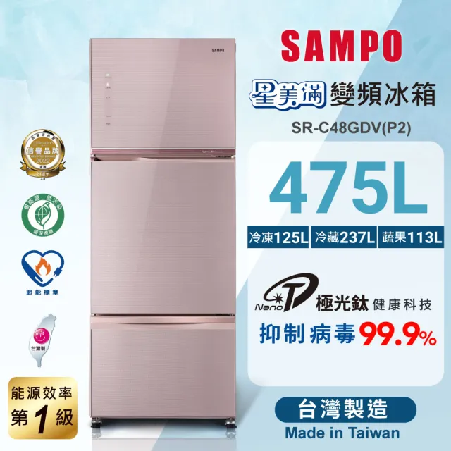 【SAMPO 聲寶】475公升一級星美滿極光鈦旗艦玻璃系列變頻右開三門冰箱(SR-C48GDV-P2)