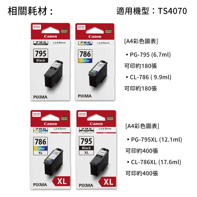 【Canon】官方直營 搭1黑1彩標容墨水★PIXMA TS4070三合一WIFI自動雙面列印多功能印表機