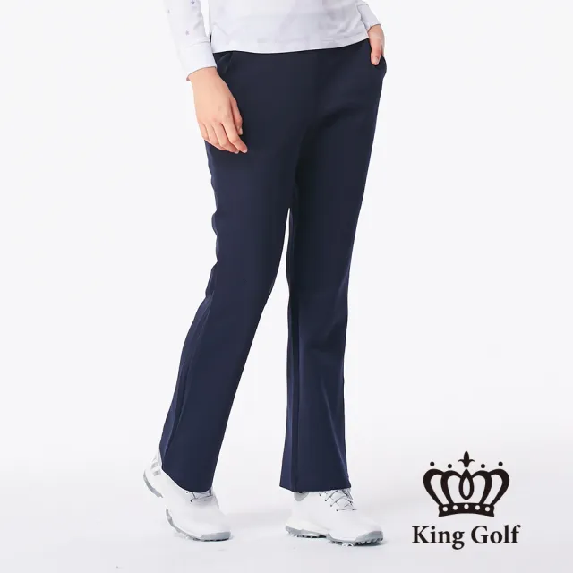 【KING GOLF】網路獨家單特-女款素面彈性小喇叭刷毛長褲-深藍