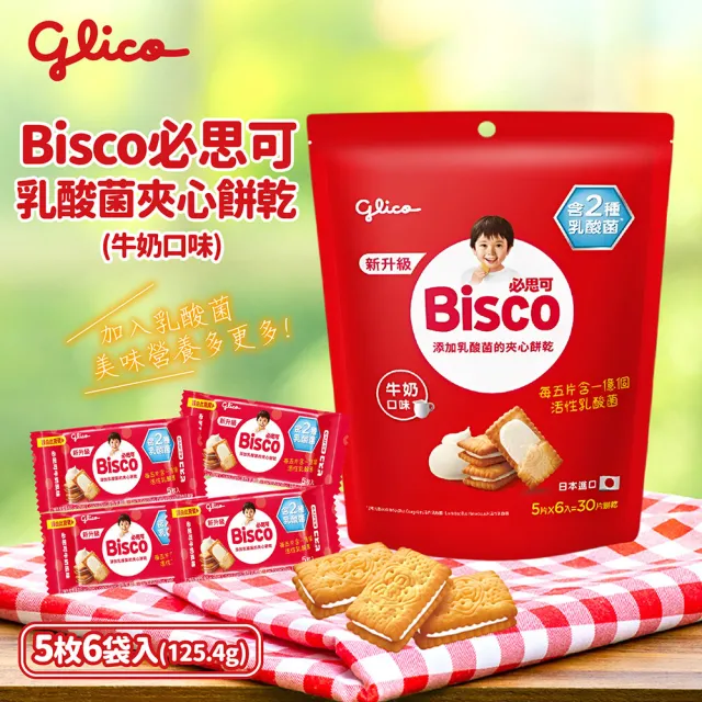 【Glico 格力高】官方直營 Bisco必思可 乳酸菌夾心餅乾 牛奶/草莓-口味任選(6入)*4袋