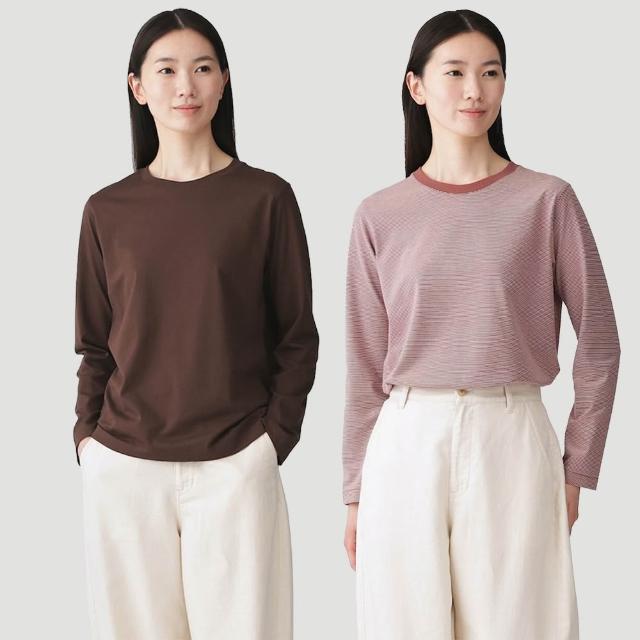【MUJI 無印良品】女天竺圓領長袖T恤(白色/黑色/綠色/棕色/黑紋樣/磚紅紋樣/綠紋樣/灰棕紋樣)