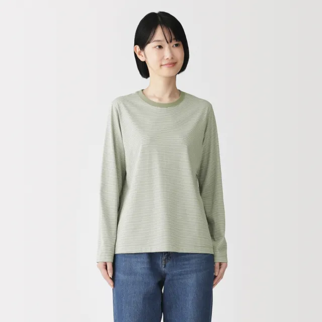 【MUJI 無印良品】女天竺圓領長袖T恤(白色/黑色/綠色/棕色/黑紋樣/磚紅紋樣/綠紋樣/灰棕紋樣)