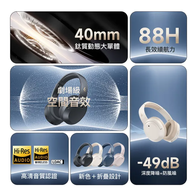 【EDIFIER】W820NB PLUS 無線降噪藍牙耳罩耳機（內建麥克風 AI 通話降噪｜Hi-Res 音質認證｜可折疊設計）