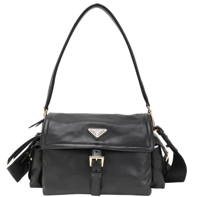 【PRADA 普拉達】Explore 羊皮款 展示品 中款 黑色三角牌雙袋翻蓋手提 肩斜背包(全新品 反面多壓痕)